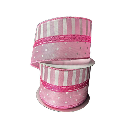 2.5" Dots and Stripes Whimsy Ribbon: Pink & White (10 Yards)