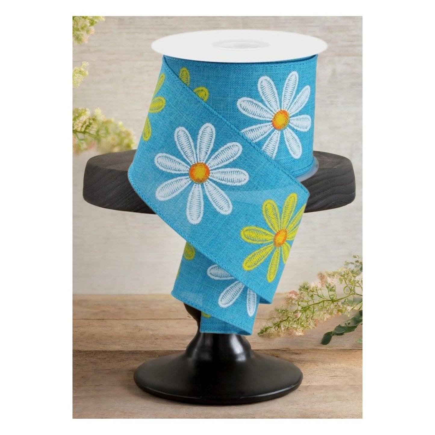 2.5" Embroidered Daisy Ribbon: Turquoise (10 Yards)
