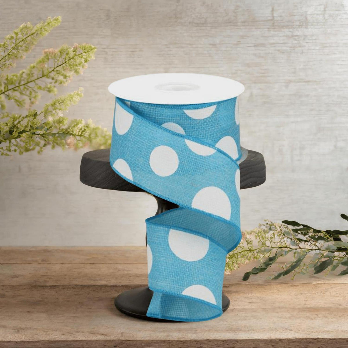 2.5" Faux Burlap Giant Polka Dot Ribbon: Light Blue & White (10 Yards)