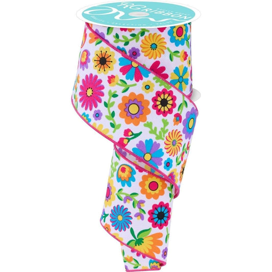 2.5" Fiesta Florals Ribbon: White (10 Yards)