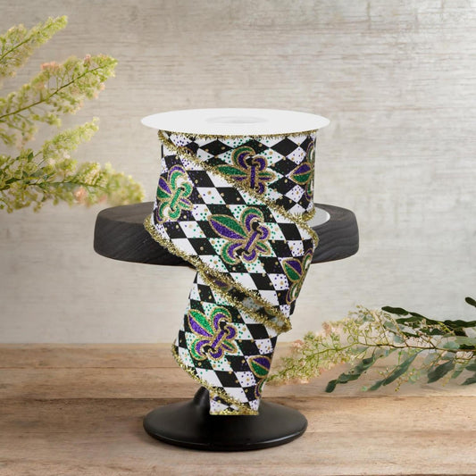 2.5" Fleur De Lis Harlequin Tinsel Ribbon: Mardi Gras (10 Yards)