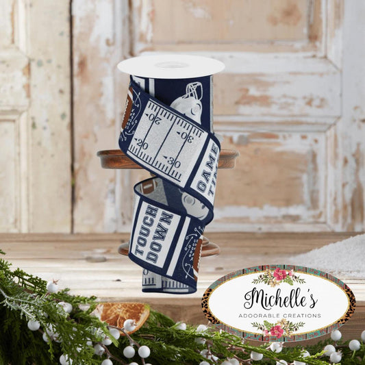 2.5" Football Block Pattern Ribbon: Navy/Silver (10 Yards)