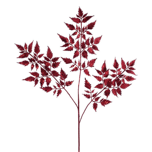25" Glitter Fern Spray: Burgundy