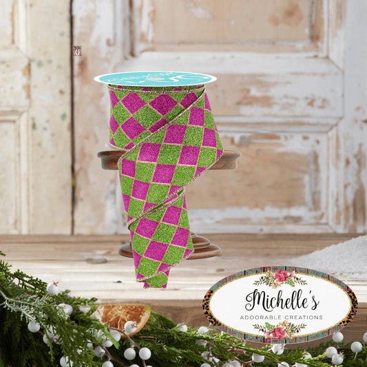 2.5" Glitter Harlequin Ribbon: Pink/Lime (10 Yards)