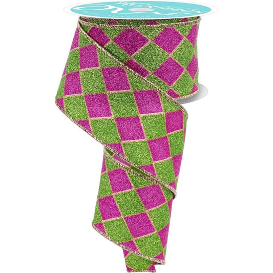 2.5" Glitter Harlequin Ribbon: Pink/Lime (10 Yards)