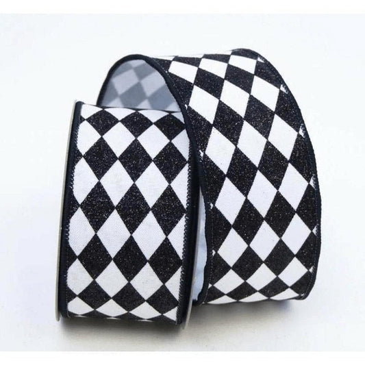 2.5" Glitter Jester Diamond Ribbon: Black & White (10 Yards)