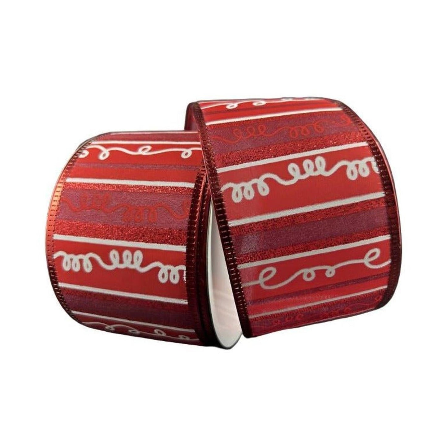 2.5" Glitter Loopy Stripes Ribbon: Dark Red & White