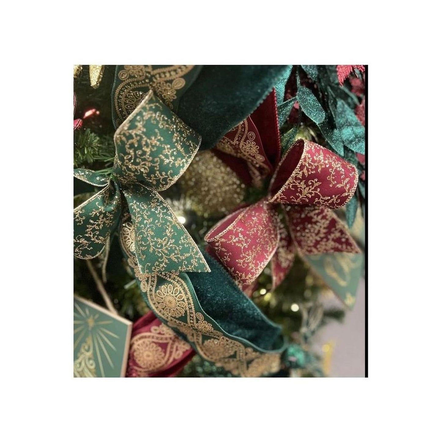 2.5" Glitter Mini Leaf Vines Ribbon: Hunter Green/Gold (10 Yards)