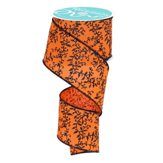 2.5" Glitter Mini Leaf Vines Ribbon: Orange/Black (10 Yards)