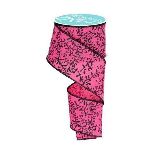 2.5" Glitter Mini Leaf Vines Ribbon: Pink/Black (10 Yards)