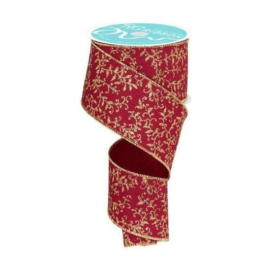 2.5" Glitter Mini Leaf Vines Ribbon: Wine/Gold (10 Yards)