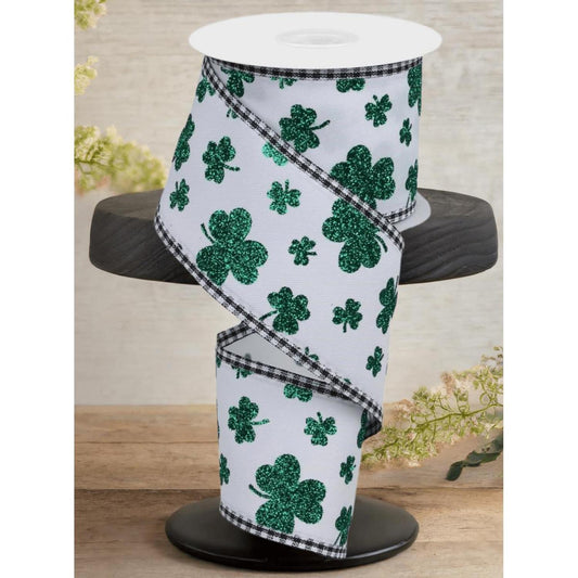 2.5" Glitter Shamrocks Gingham Ribbon: White (10 Yards)