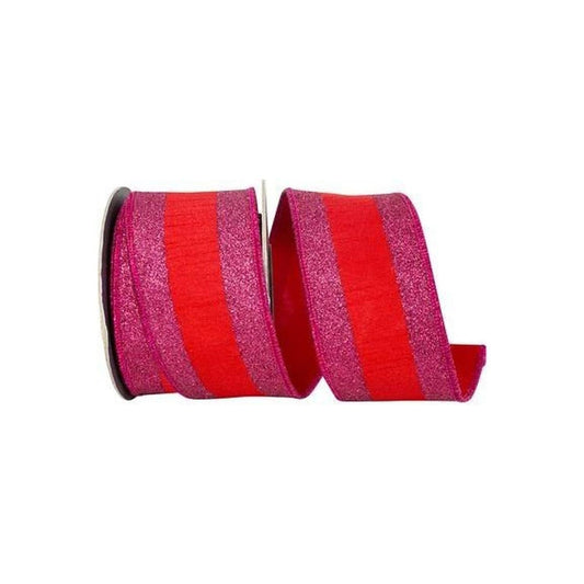 2.5" Glitter Stripe Dupioni Ribbon: Red/Fuchsia (5 Yards)