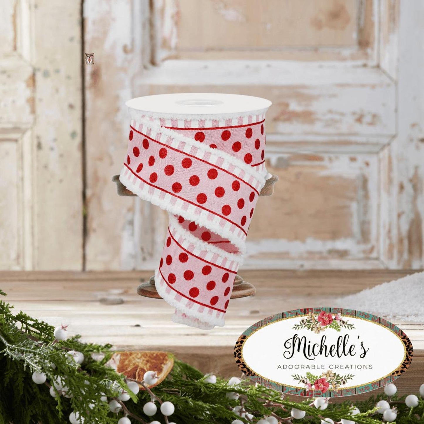 2.5" Glitter Stripes Polka Dot Drift Edge Ribbon: Red & Pink (10 Yards)