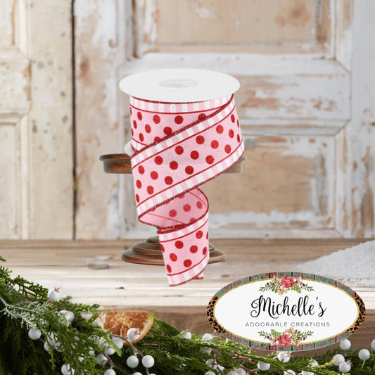 2.5" Glitter Stripes Polka Dot Ribbon: Red & Pink (10 Yards)