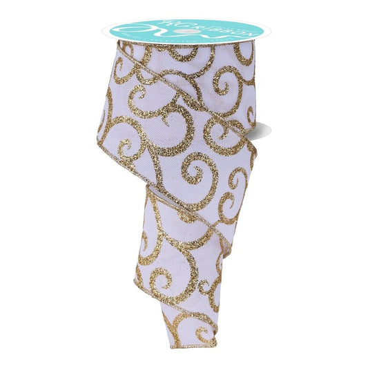 2.5" Glitter Swirl Ribbon: White/Gold (10 Yards)