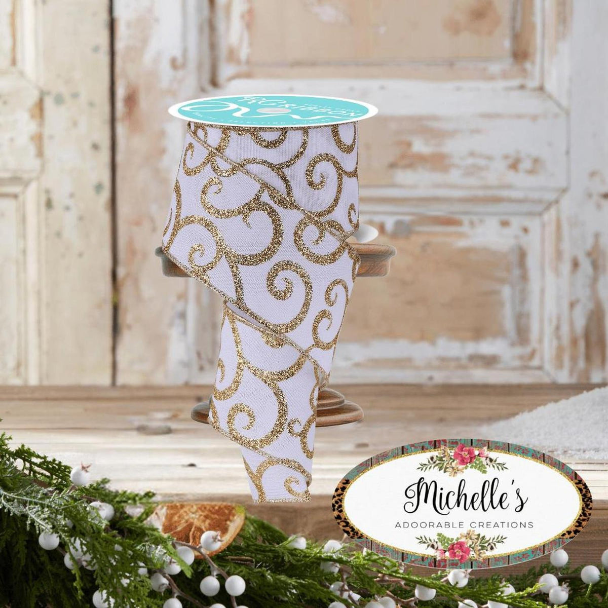 2.5" Glitter Swirl Ribbon: White/Gold (10 Yards)