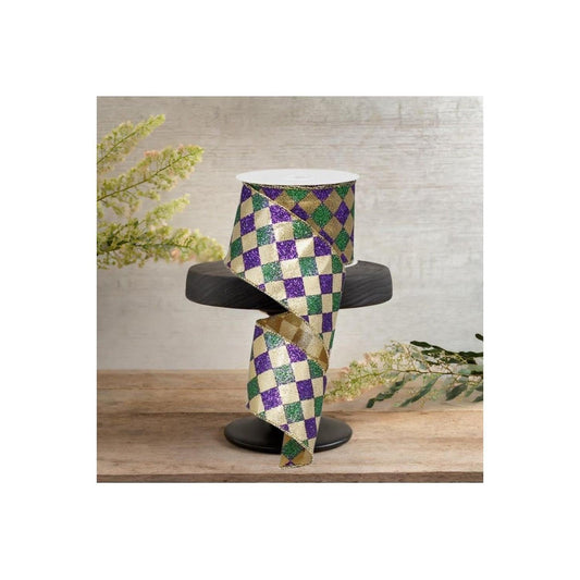 2.5" Harlequin Glitter Diamond Ribbon: Mardi Gras (10 Yards)