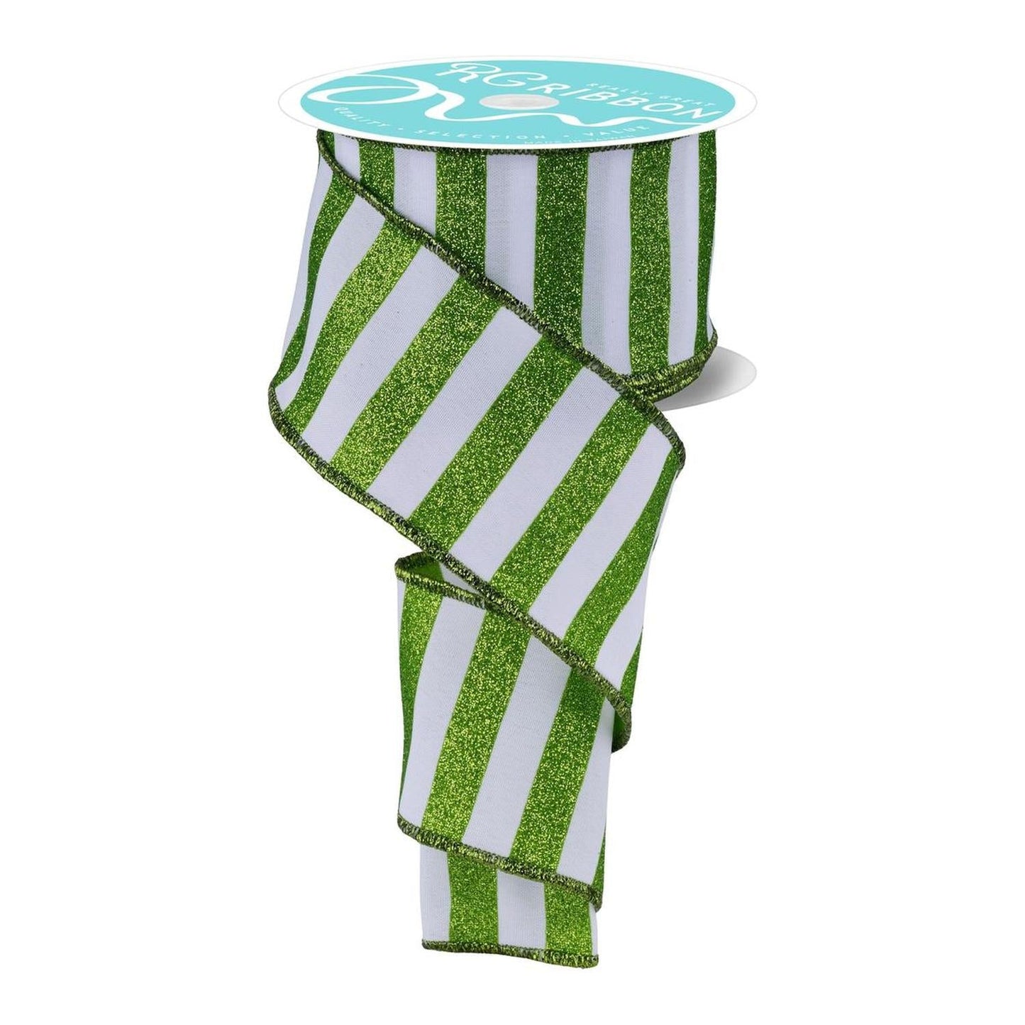 2.5" Horizontal Glitter Stripes Ribbon: Lime & White (10 Yards)