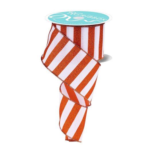 2.5" Horizontal Glitter Stripes Ribbon: Orange & White (10 Yards)
