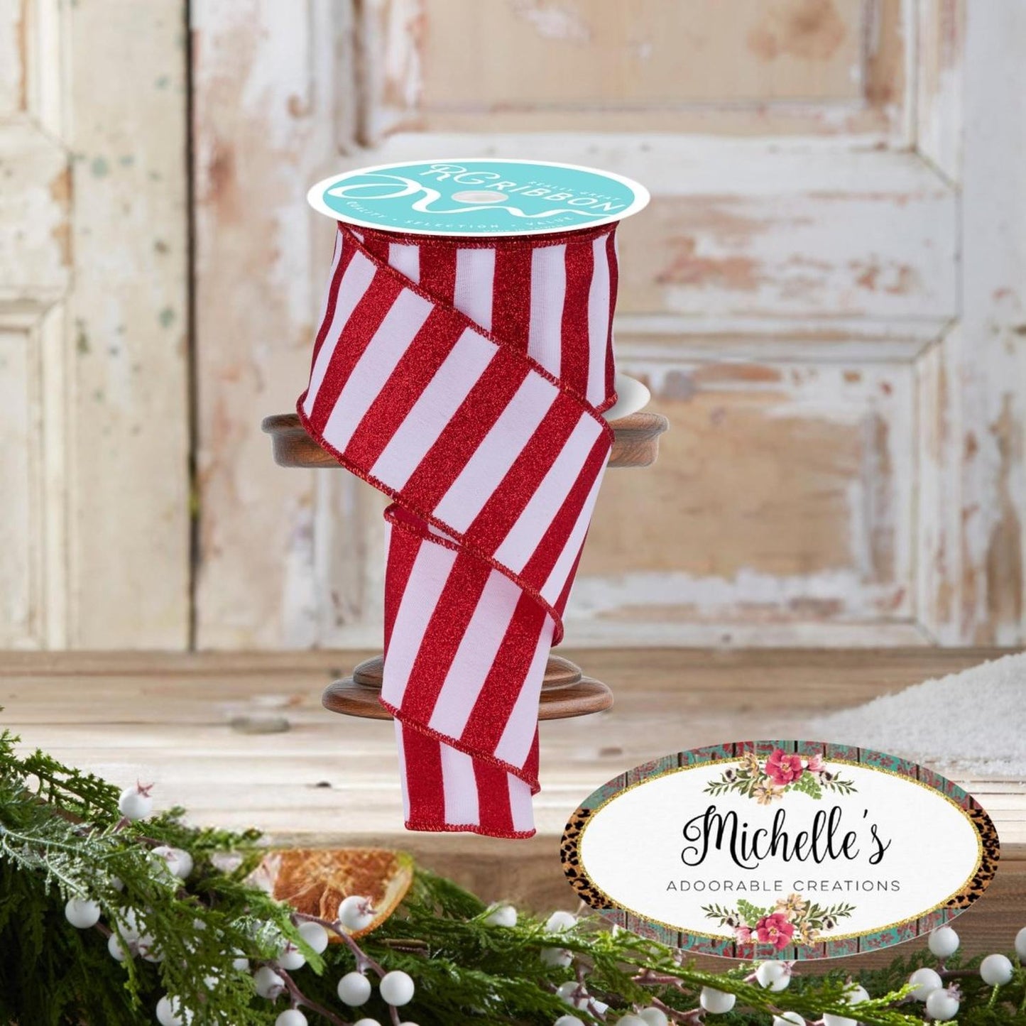 2.5" Horizontal Glitter Stripes Ribbon: Red & White (10 Yards)