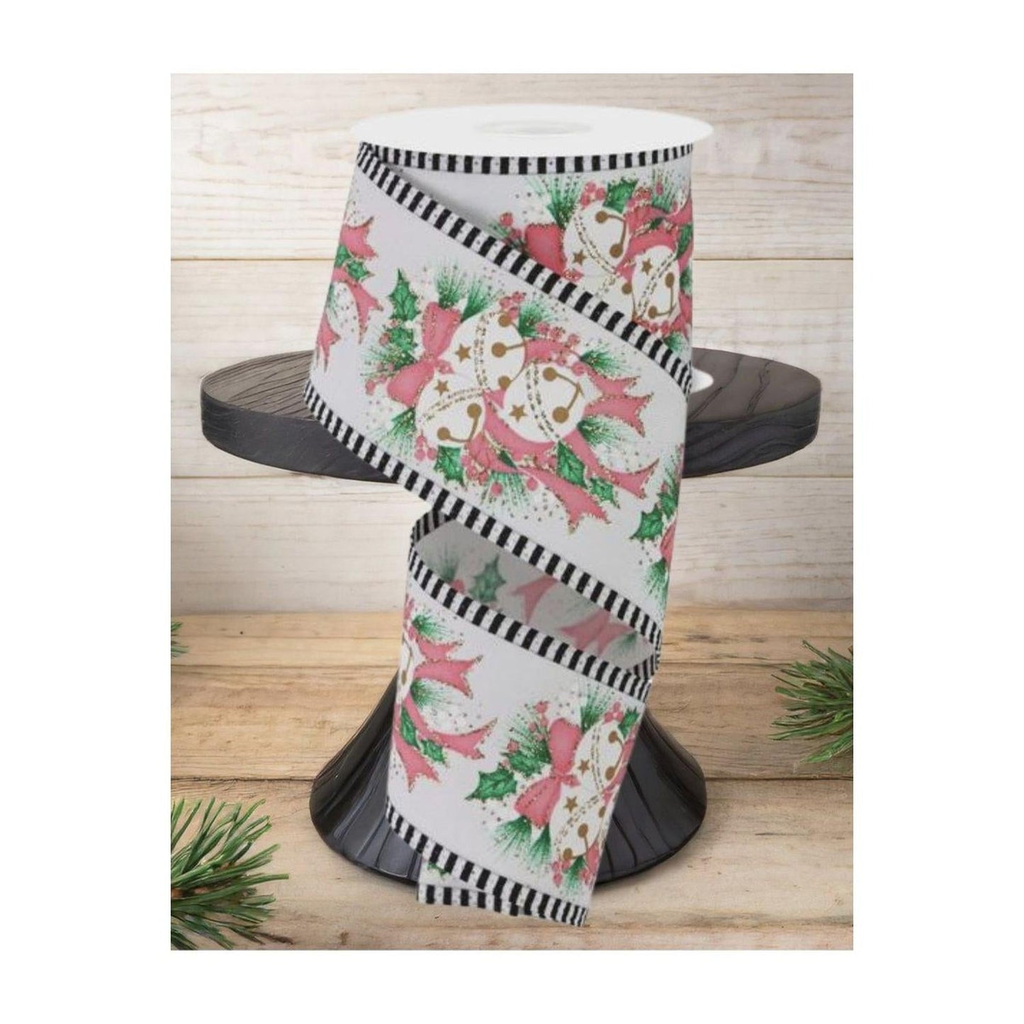 2.5" Jingle Bell Holly Stripe Edge Ribbon: White (10 Yards)