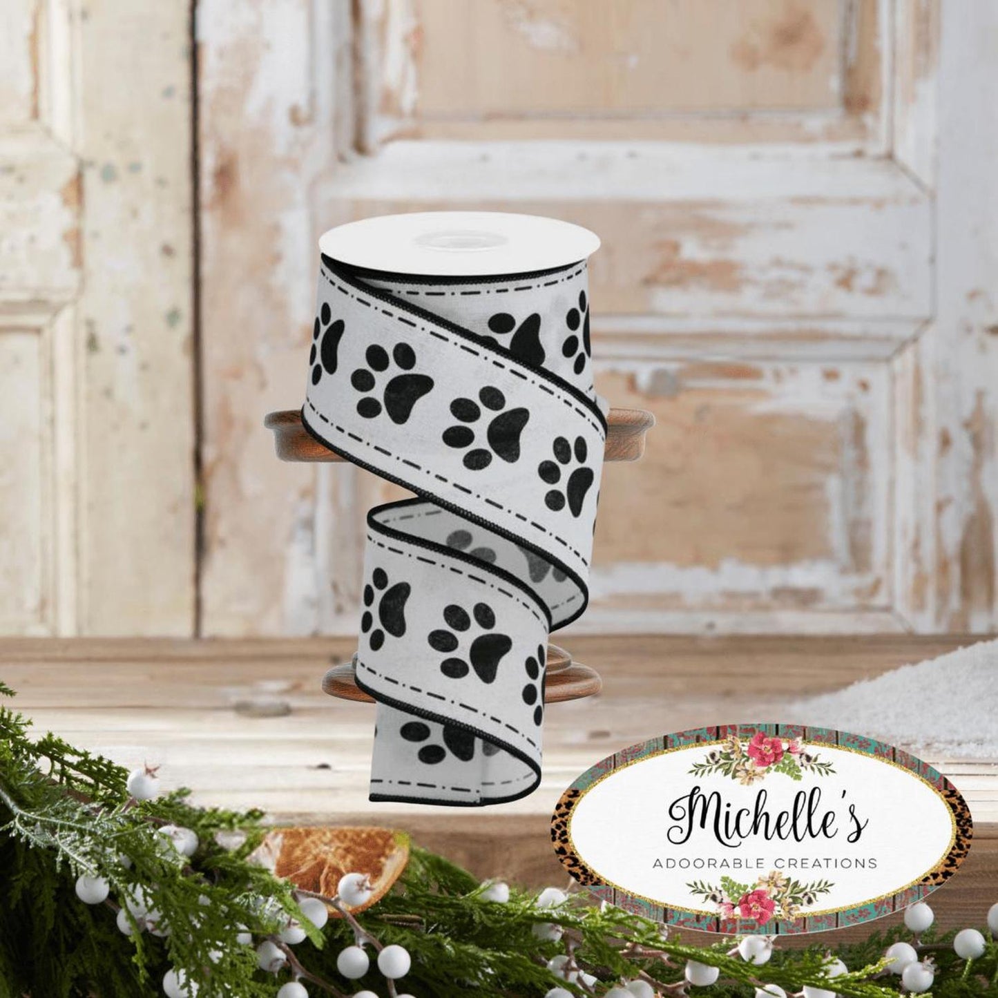 2.5" Large Paw Print Royal Ribbon: White (10 Yards)