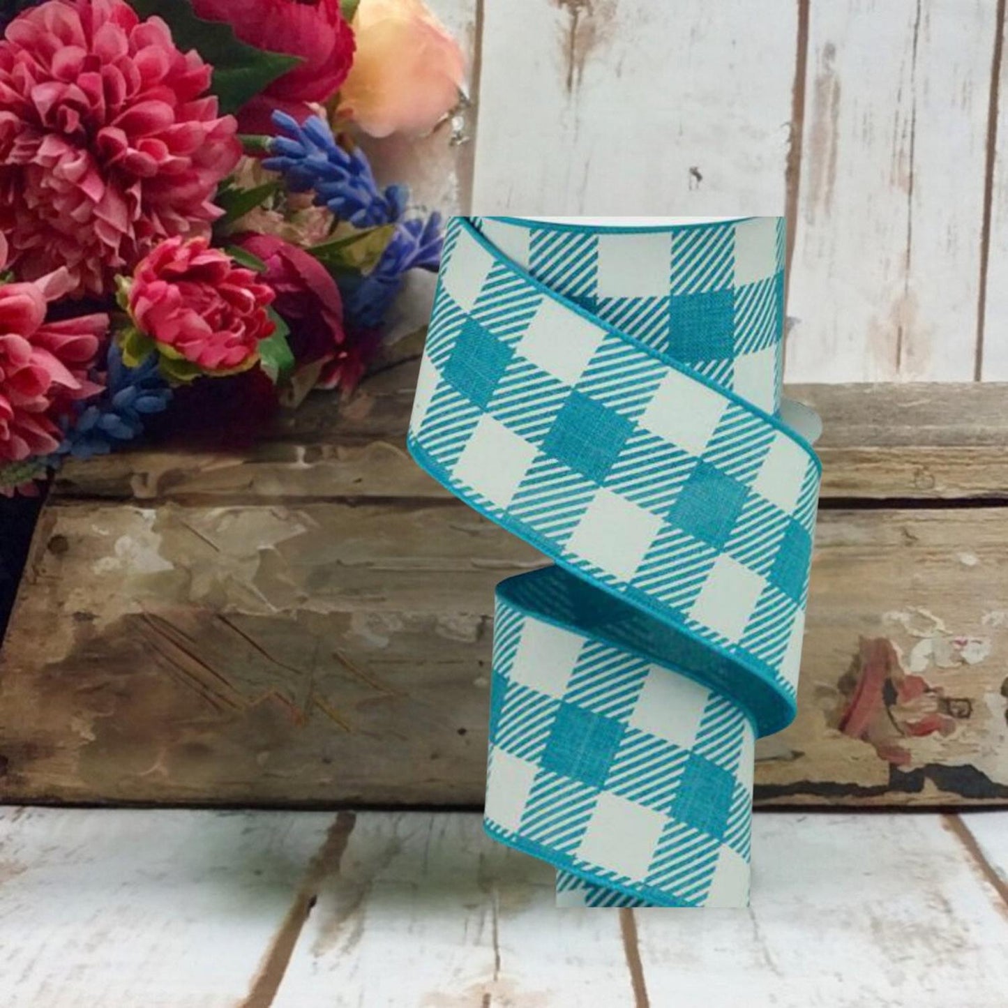 2.5" Large Striped Check Ribbon: Turquoise (10 Yards)