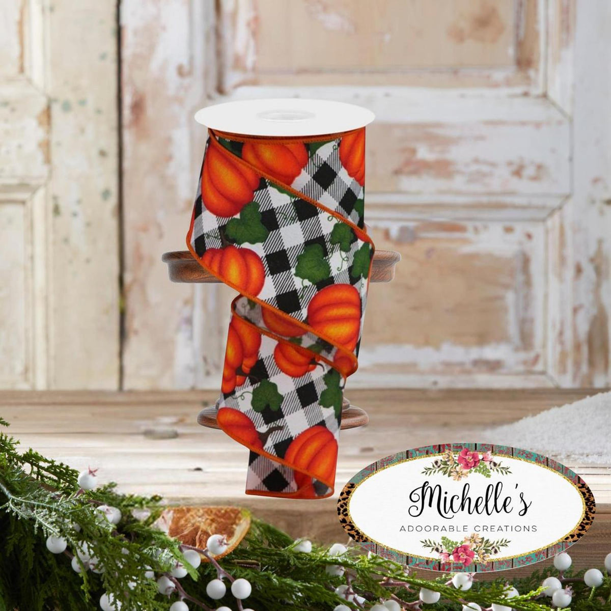 2.5" Leaves Pumpkin on Check Ribbon: White (10 Yards)