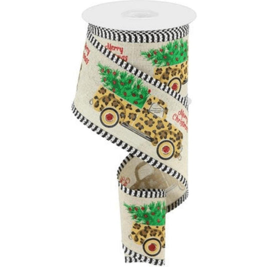 2.5" Leopard Merry Christmas Ribbon: Natural (10 Yards)