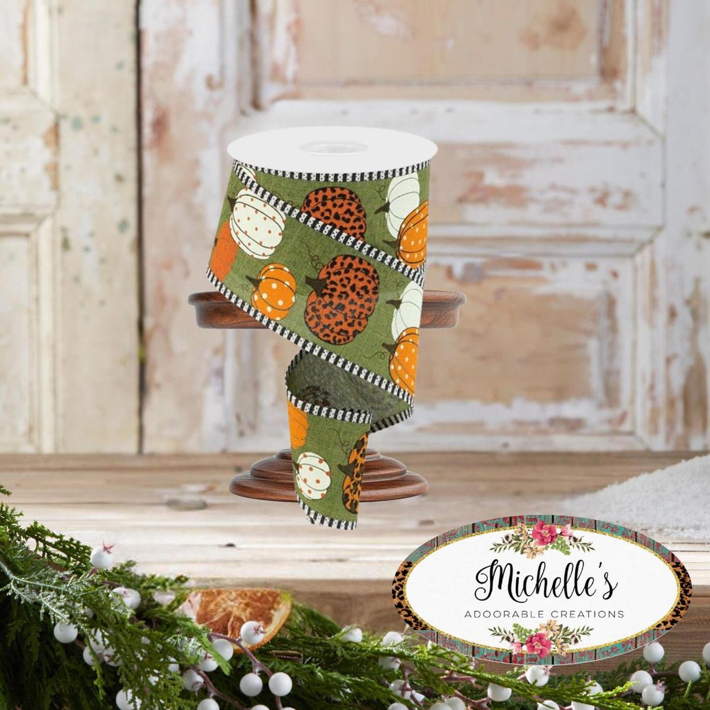 2.5" Leopard Pumpkins Stripe Edge: Moss Green (10 Yards)