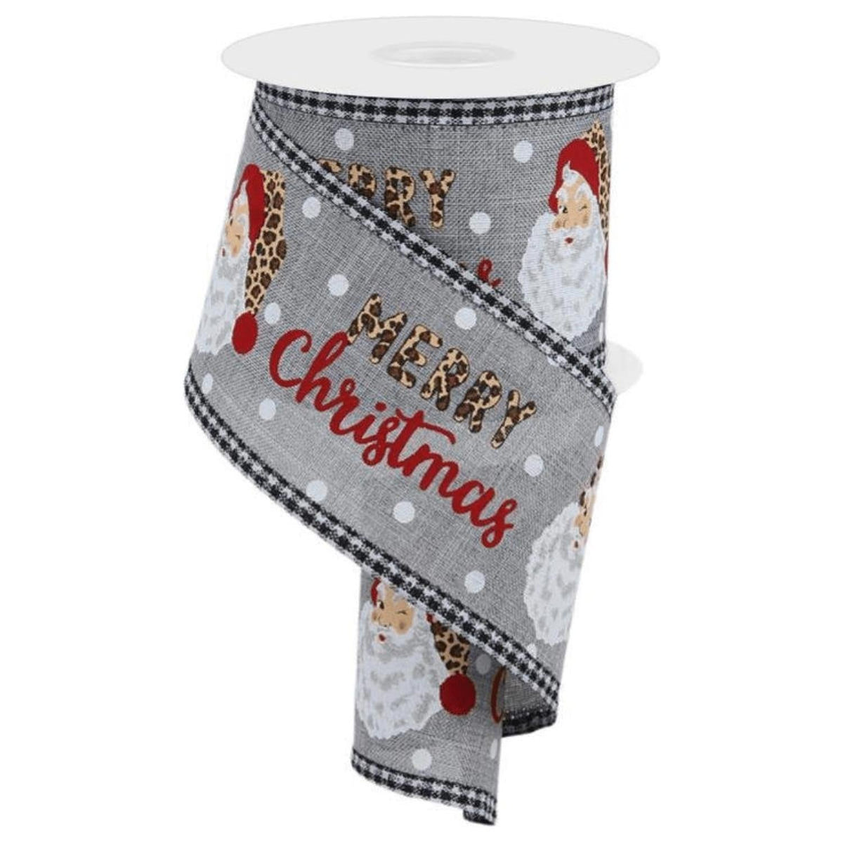 2.5" Leopard Santa Check Edge Ribbon: Lt Grey (10 Yards)