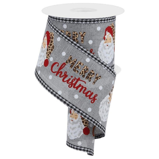2.5" Leopard Santa Check Edge Ribbon: Lt Grey (10 Yards)