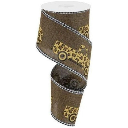 2.5" Leopard Truck Gingham Edge Ribbon: Brown (10 Yards)