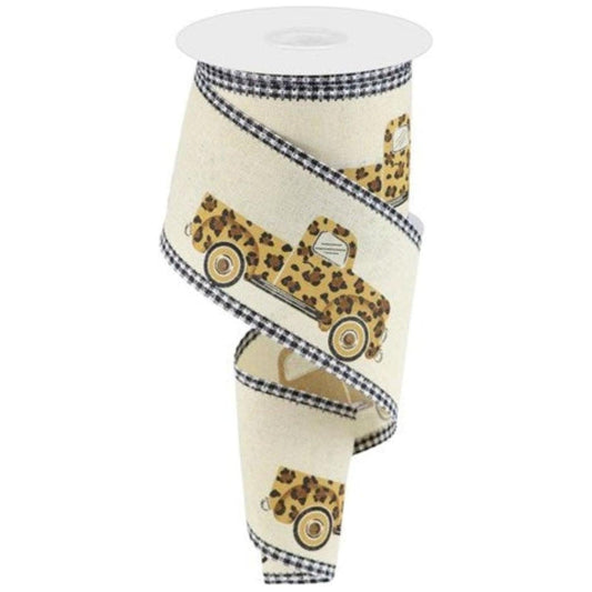 2.5" Leopard Truck Gingham Edge Ribbon: Cream (10 Yards)