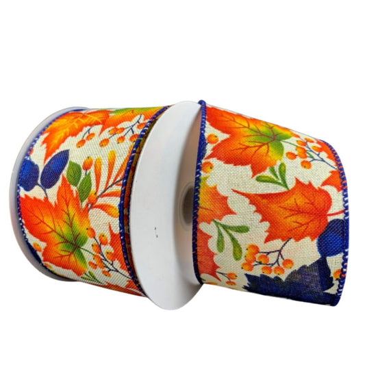 2.5" Linen Fall Leaves Ribbon: Navy/Ivory (10 Yards)