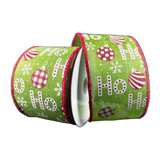 2.5" Linen Ho Ho Ho Ribbon: Lime Green (10 Yards)