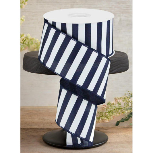 2.5" Medium Horizontal Stripe Ribbon: Navy Blue & White (10 Yards)