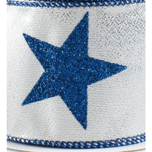 2.5" Metallic Star Ribbon: Silver & Navy (10 Yards)