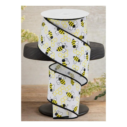 2.5" Mini Bumblebees on Royal Ribbon: White (10 Yards)