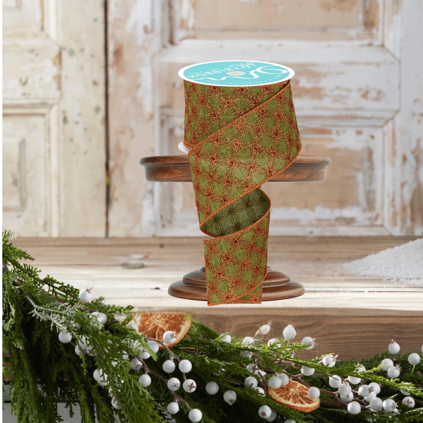 2.5" Multi Circles and Dots Ribbon: Green/Copper (10 Yards)