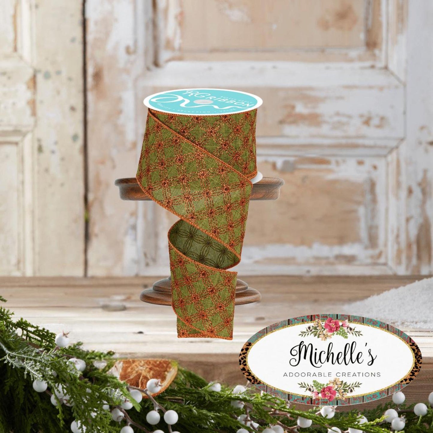 2.5" Multi Circles and Dots Ribbon: Green/Copper (10 Yards)