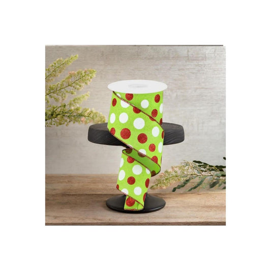 2.5" Multi Glitter Dots Ribbon: Lime Green, Red, White (10 Yards)