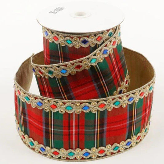 2.5" Multi Plaid Jewel Gold Trim Ribbon (5 Yards)