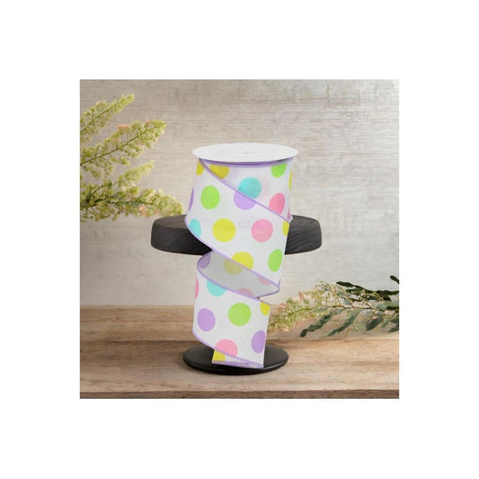 2.5" Multi Polka Dots on Royal Ribbon: White/Lavender (10 Yards)