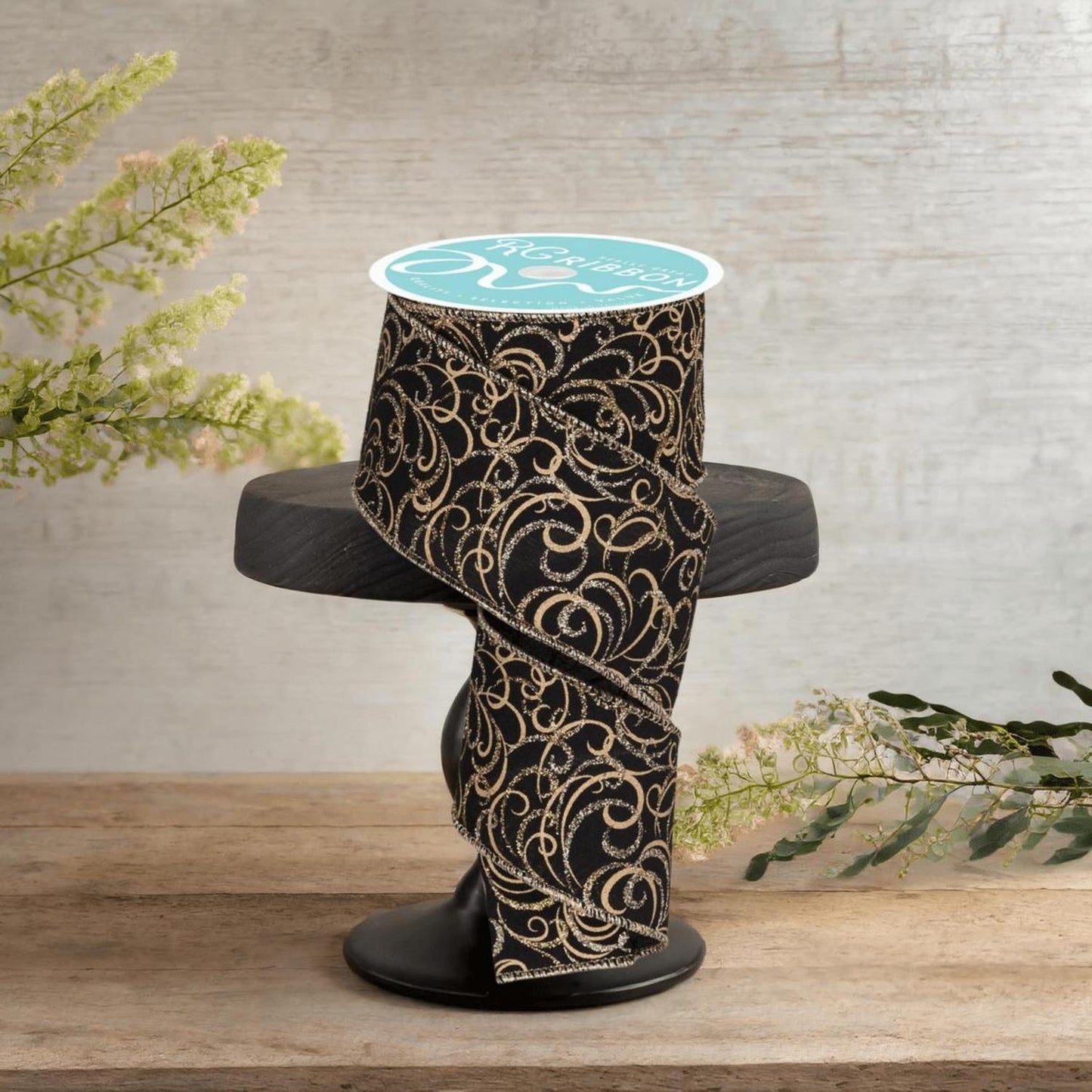 2.5" Multi Swirls Glitter Ribbon: Black/Gold (10 Yard)