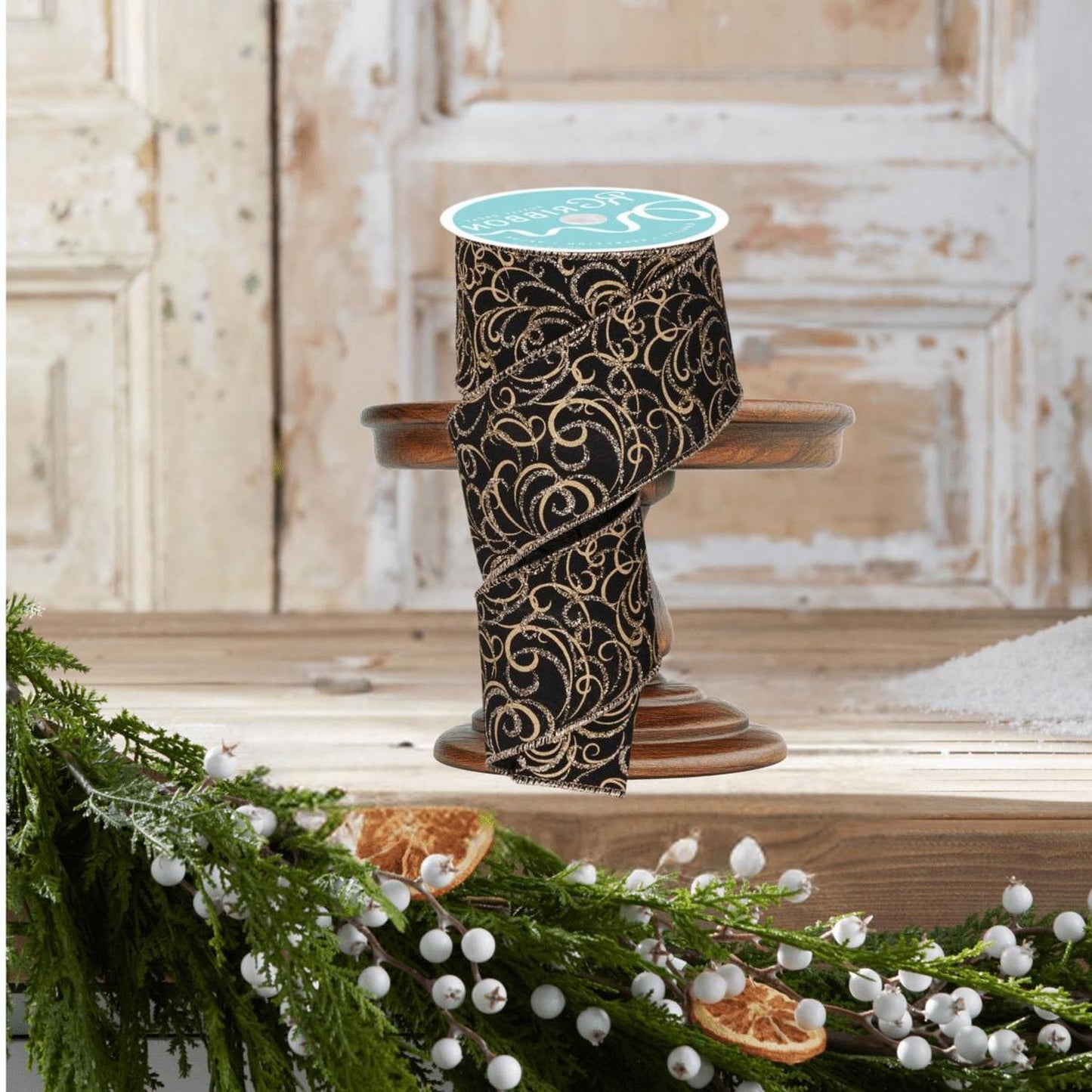 2.5" Multi Swirls Glitter Ribbon: Black/Gold (10 Yard)
