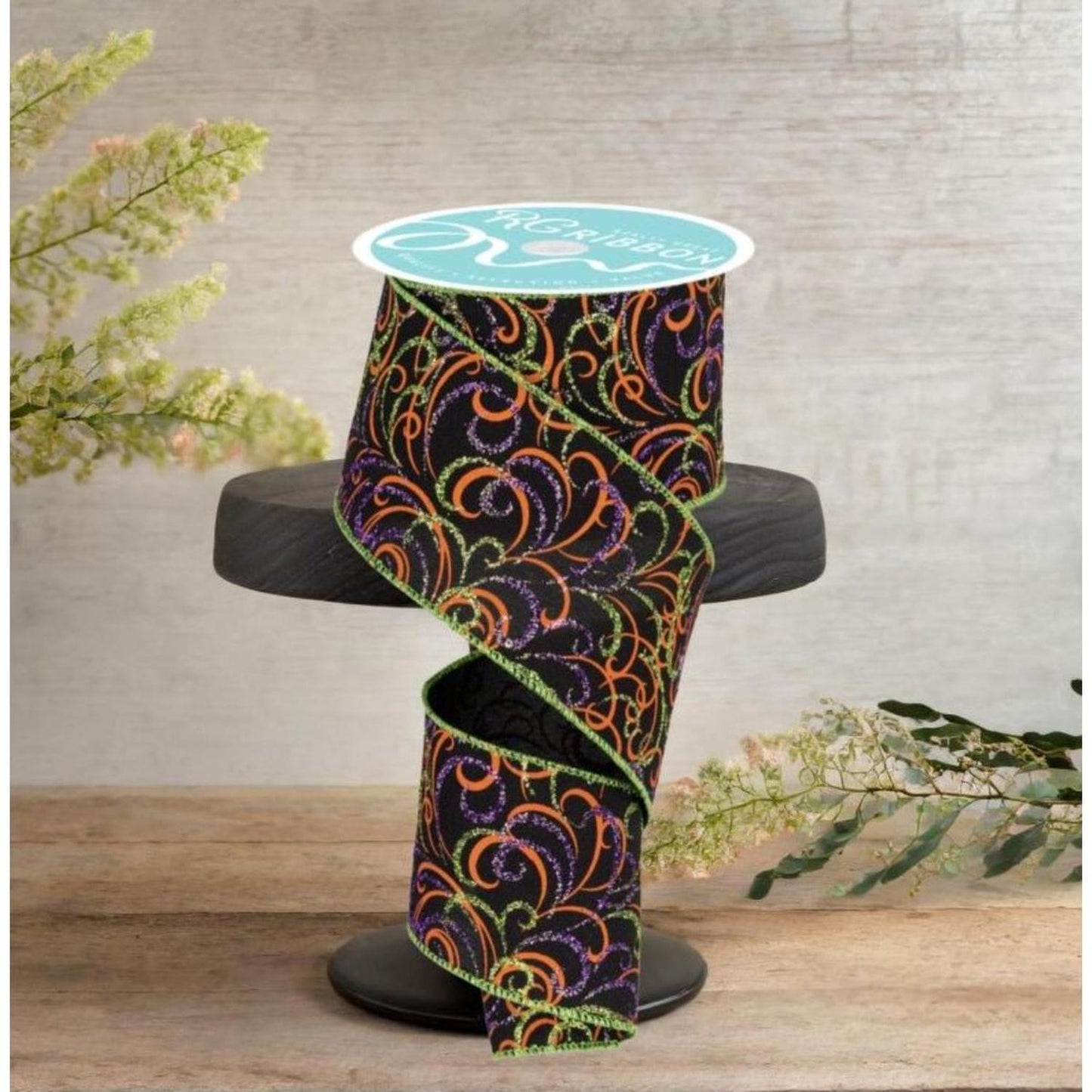 2.5" Multi Swirls Glitter Ribbon: Black/Orange/Purple/Lime (10 Yard)