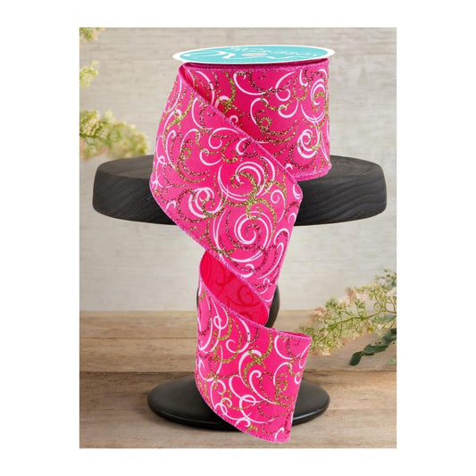 2.5" Multi Swirls Glitter Ribbon: Hot Pink/Lime/White (10 Yard)