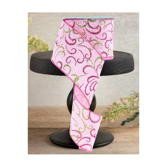 2.5" Multi Swirls Glitter Ribbon: Light Pink/Lime/White (10 Yard)